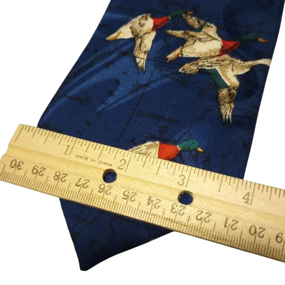Waterfowl Mens Navy Blue Mallard Duck Map Print Silk Necktie Midwest Hunting Tie